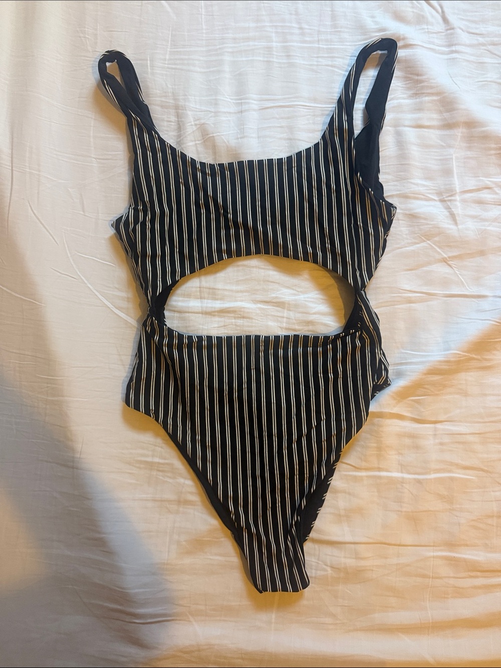 Black Pinstripe Cutout One-Piece Swimsuit